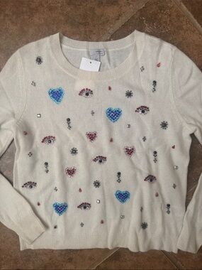 Halogen New cashmere Crewneck Sweater with Sequin Hearts & Eye Embellishments
